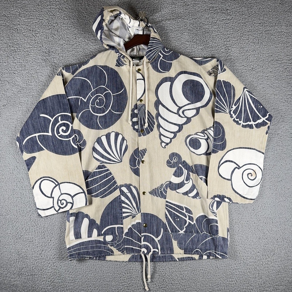 Orvis Hooded Anorak Jacket S/M Seashell Print Cotton Poly Nautical Made in USA